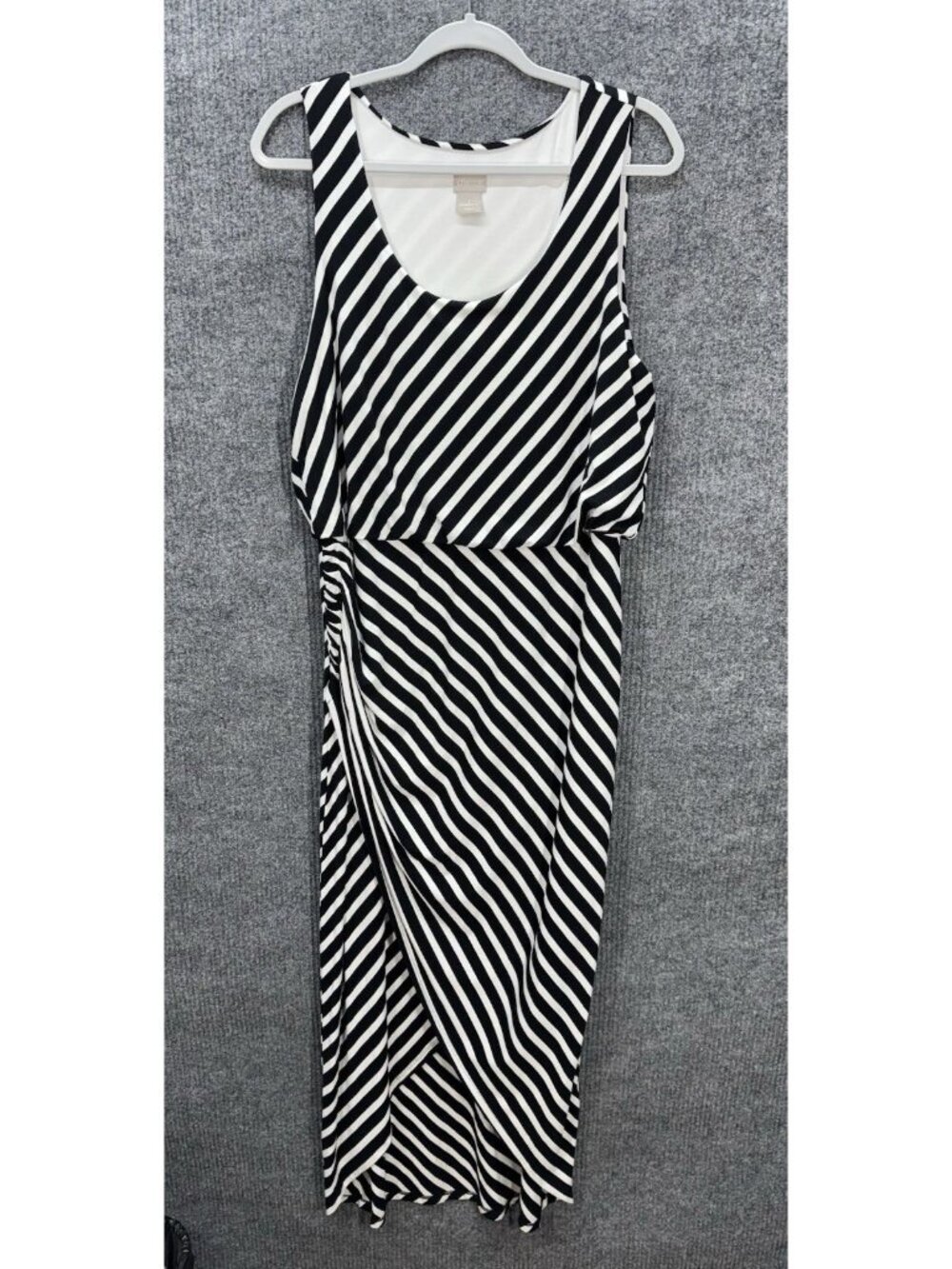 Chicos Sleeveless Maxi Dress Womens 2/Large Black White Stripe Jersey Knit Scoop